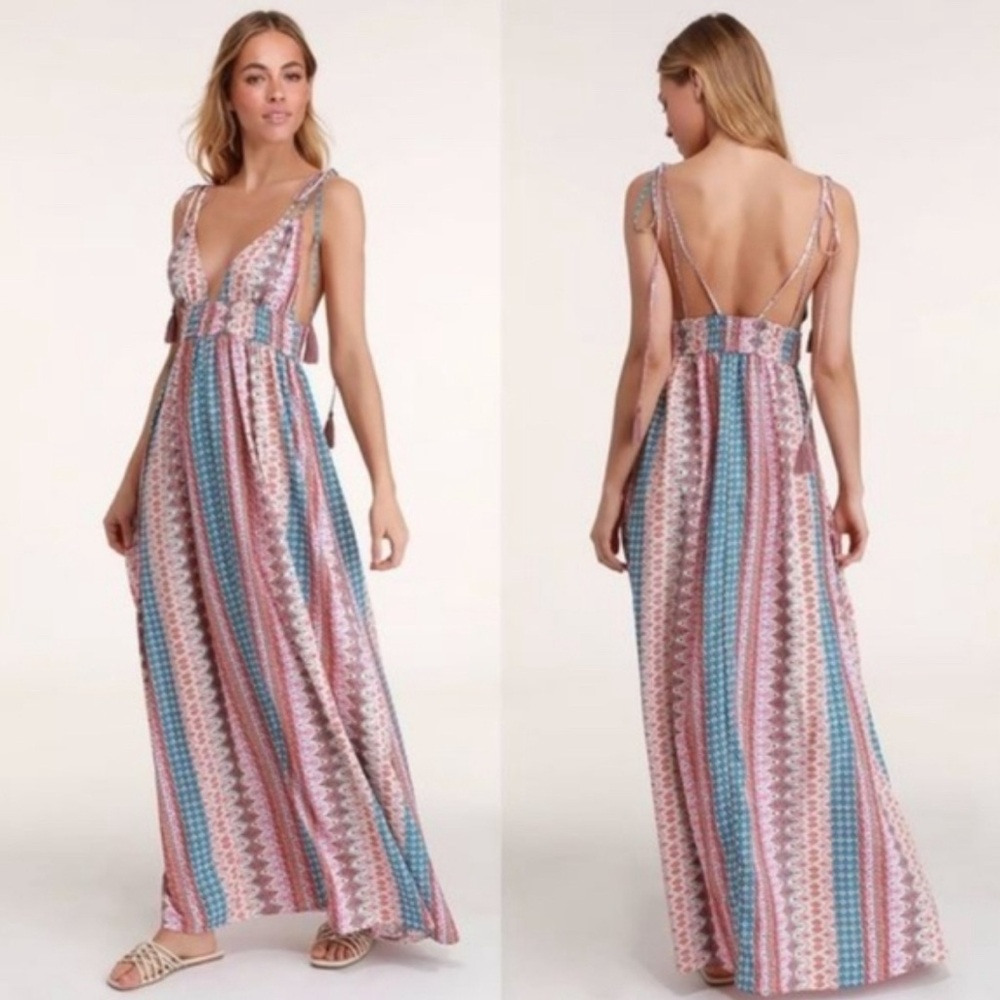 Lulus maxim relaxin blue multi boho print maxi dress